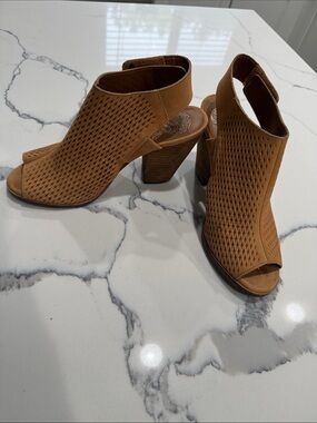 Vince Camuto Tan Open-Toe Block Heel Booties